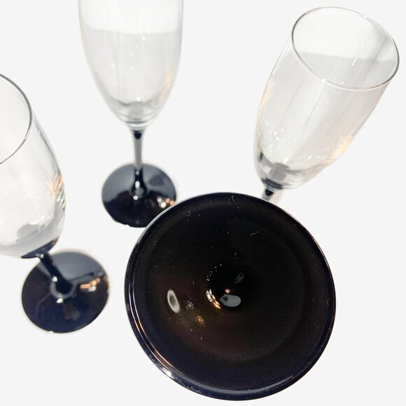 Vintage Set of 4 LUMINARC TALL BLACK STEM CHAMPAGNE FLUTES - Picture 4 of 5